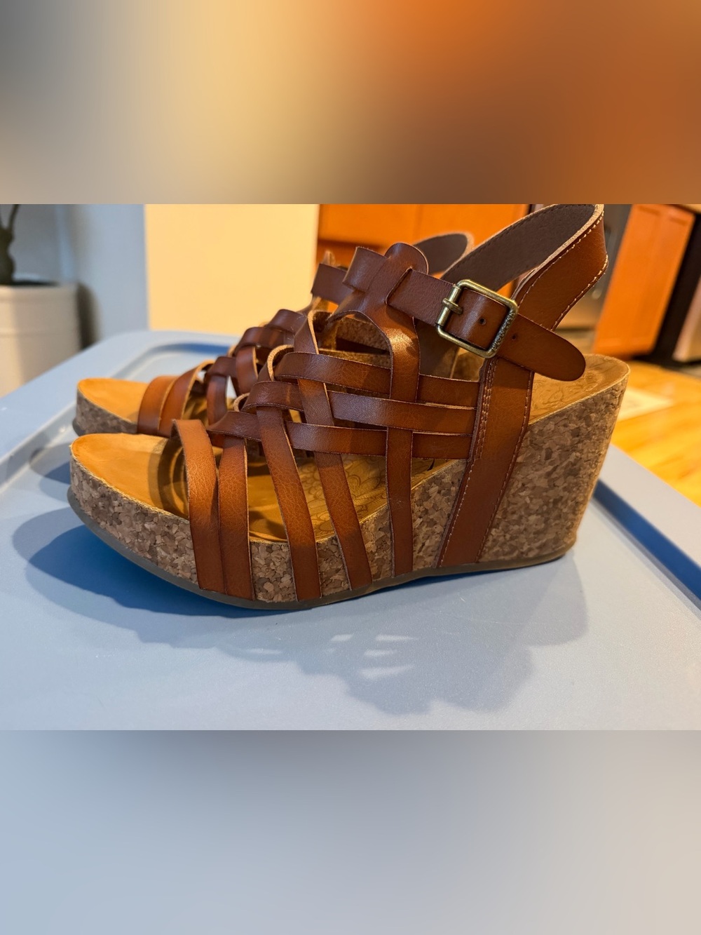 Brown Woven Leather Cork Wedge Sandals